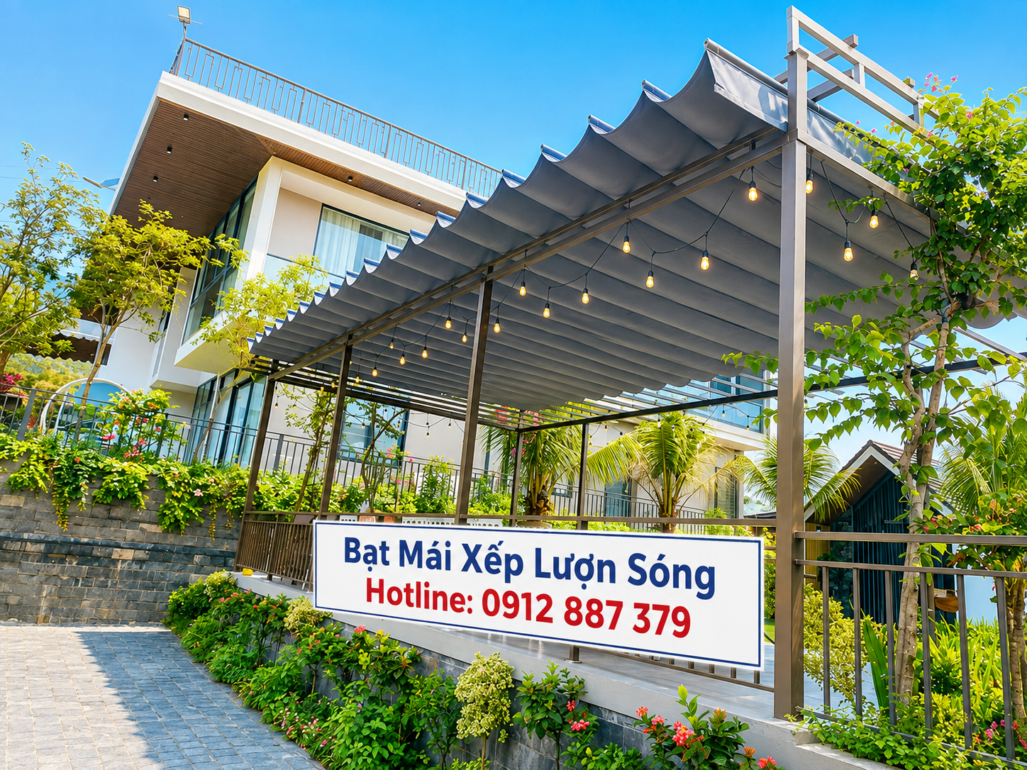 Mái che xếp lượn sóng (Mái kéo che nắng mưa) Tại Gia Nghĩa, Đắk Nông